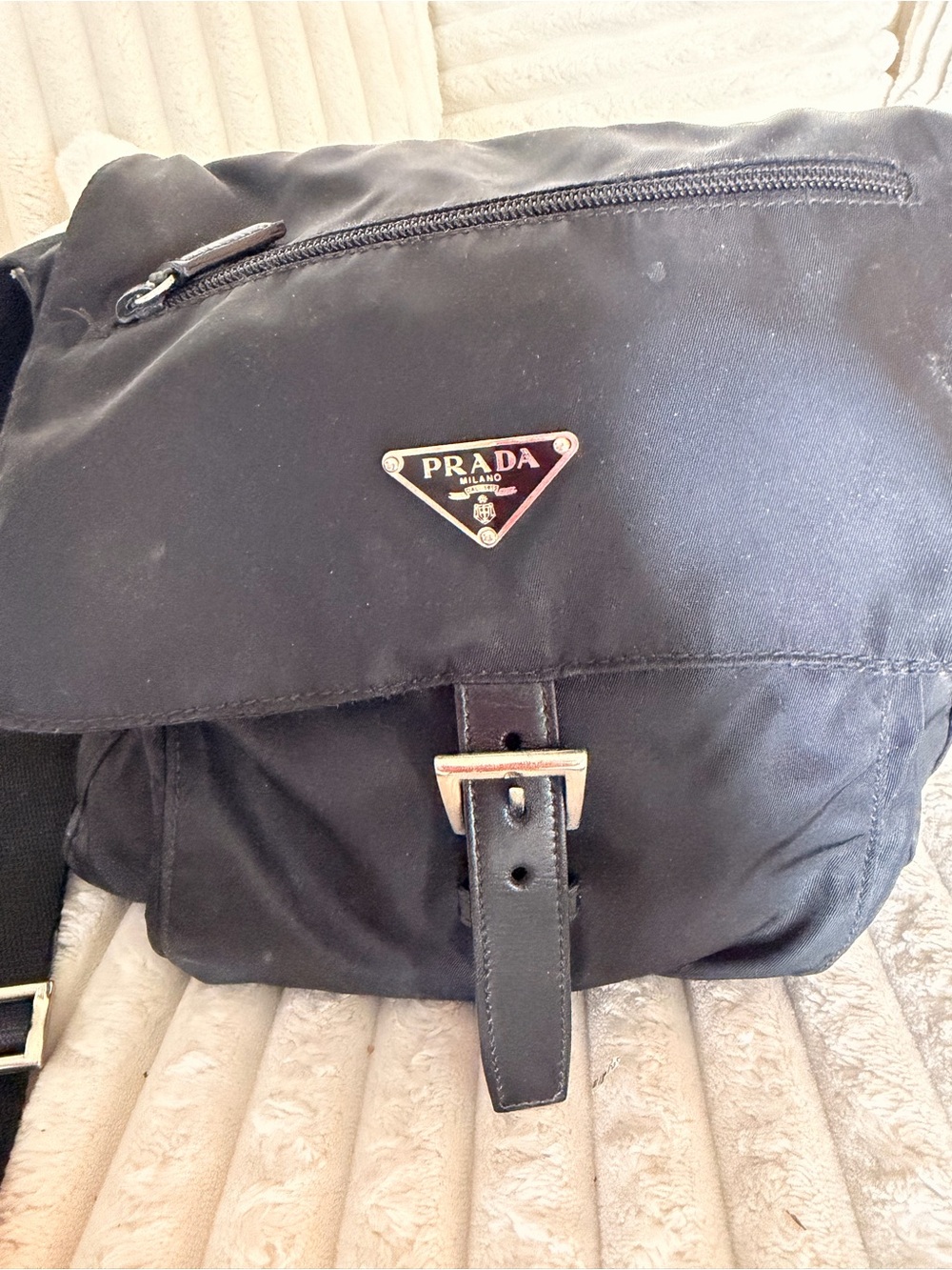 Prada Black Nylon Messenger Bag with Leather Trim